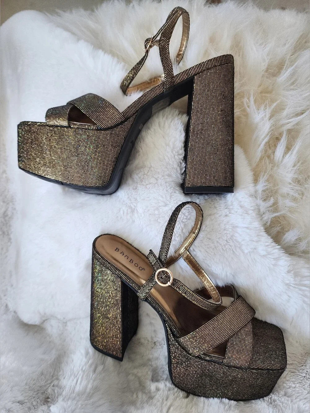 BAMBOO Gold Sparkle Platform Block Heel Sandals